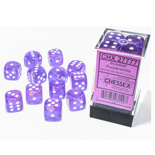 Dice and Gaming Accessories D6 Sets: Purple and Pink - Borealis: 16mm D6 Purple/White - Luminary (12)