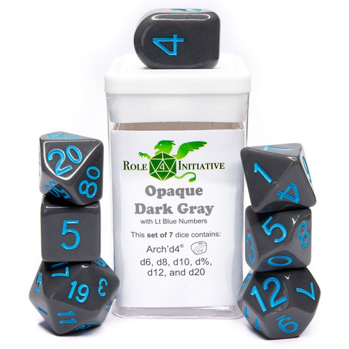 Dice and Gaming Accessories Polyhedral RPG Sets: Polyhedral Dice: Opaque Dark Gray w/Light Blue (7)