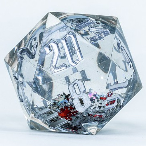 Dice and Gaming Accessories Polyhedral RPG Sets: 54mm D20: Snow Globe - Silver Ink, Silver Glitter, Red and Green Snowflakes