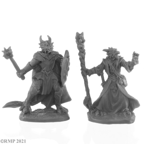 Reaper Miniatures: Bones Black: Dragonfolk Wizard and Cleric