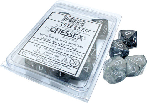 Dice and Gaming Accessories D10 Sets: Black and Grey - Borealis: D10 Light Smoke/Silver - Luminary (10)