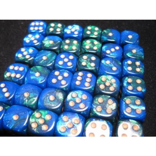Dice and Gaming Accessories D6 Sets: Swirled - Gemini: 12mm D6 Blue Green/Gold (36)