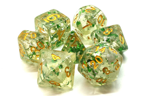 Dice and Gaming Accessories Polyhedral RPG Sets: White and Clear - Particles - Metallic Green w/ Gold (7)