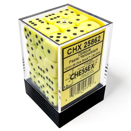 Dice and Gaming Accessories D6 Sets: Opaque: 12mm D6 Pastel Yellow/Black Dice (36)