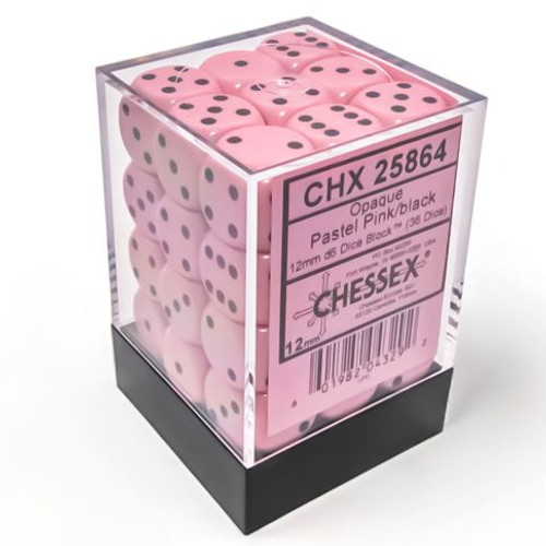 Dice and Gaming Accessories D6 Sets: Opaque: 12mm D6 Pastel Pink/Black Dice Block (36)