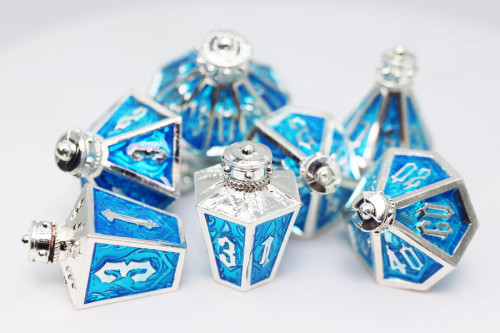 Dice and Gaming Accessories Polyhedral RPG Sets: Blue and Turquoise - Moonlit Lantern: Silvered Frostfire - Metal (7)