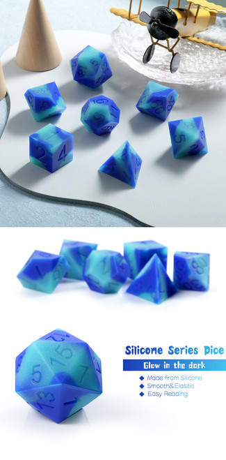 Dice and Gaming Accessories Polyhedral RPG Sets: Blue and Turquoise - Horizon (Glow in the Dark) - Silicone (7) Dice and Gaming Accessories Polyhedral RPG Sets: Blue and Turquoise - Horizon (Glow in the Dark) - Silicone (7)