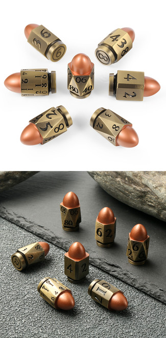 Dice and Gaming Accessories Polyhedral RPG Sets: Metal and Metallic - Copper & Brass Bullet - Metal and Enamel (7) Dice and Gaming Accessories Polyhedral RPG Sets: Metal and Metallic - Copper & Brass Bullet - Metal and Enamel (7)