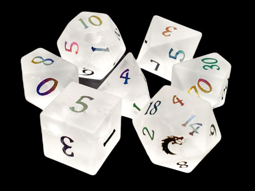 Dice and Gaming Accessories Polyhedral RPG Sets: White and Clear - Moonstone w/ Spectral - Frosted Blast Glass (7) Dice and Gaming Accessories Polyhedral RPG Sets: White and Clear - Moonstone w/ Spectral - Frosted Blast Glass (7)