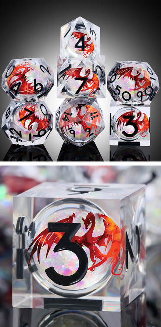 Dice and Gaming Accessories Polyhedral RPG Sets: Transparent/Translucent - Ember (Dragon) - Liquid Core (7)  