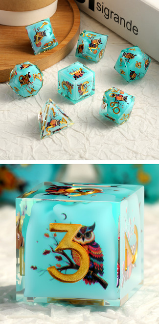 Dice and Gaming Accessories Polyhedral RPG Sets: Blue and Turquoise - Autumn Owl - Sharp Edge Resin (7)