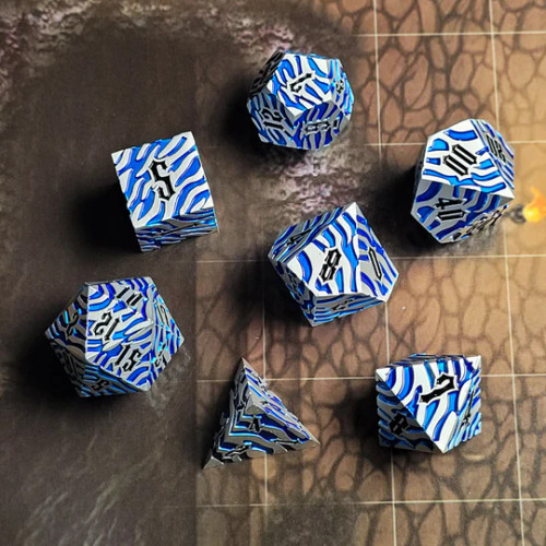 Dice and Gaming Accessories Polyhedral RPG Sets: Metal and Metallic - Tiger Stripe with Silver & Blue - Metal (7)