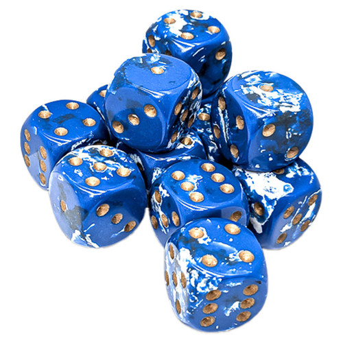 Dice and Gaming Accessories D6 Sets: Blue and Turquoise - Brush: 16mm D6 Wavebreak/Gold (12)