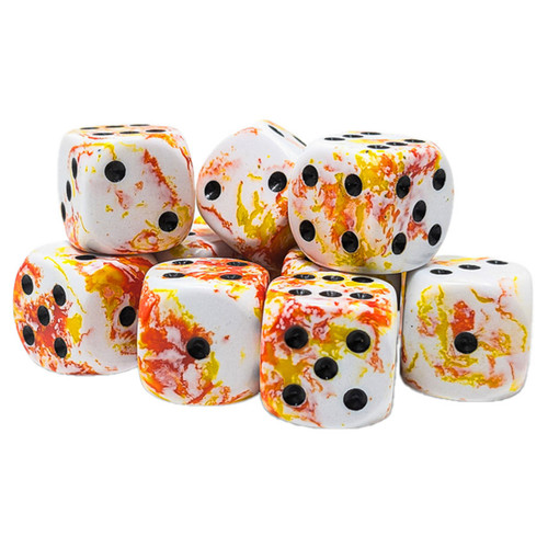 Dice and Gaming Accessories D6 Sets: White and Clear - Brush: 16mm D6 Sunrise/Black (12)