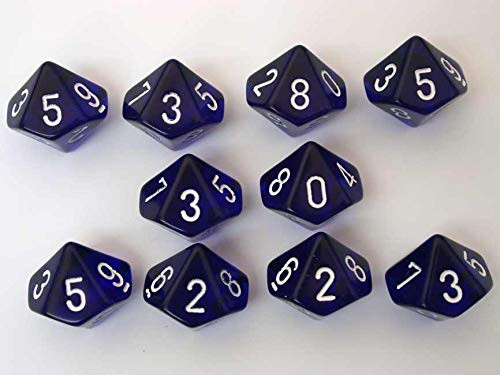 Dice and Gaming Accessories D10 Sets: Translucent: D10 Blue/White (10) Revised