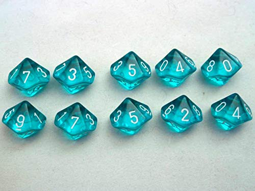 Dice and Gaming Accessories D10 Sets: Translucent: D10 Teal/White (10) Revised