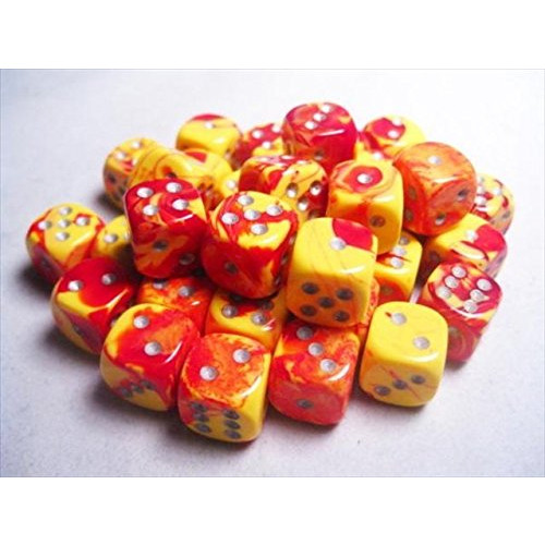 Dice and Gaming Accessories D6 Sets: Swirled - Gemini: 12mm D6 Red Yellow/Silver (36)