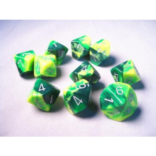 Dice and Gaming Accessories D10 Sets: Swirled - Gemini: D10 Green Yellow/Silver (10)