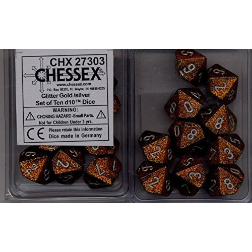 Dice and Gaming Accessories D10 Sets: Glitter - Glitter: D10 Gold/Silver (10)