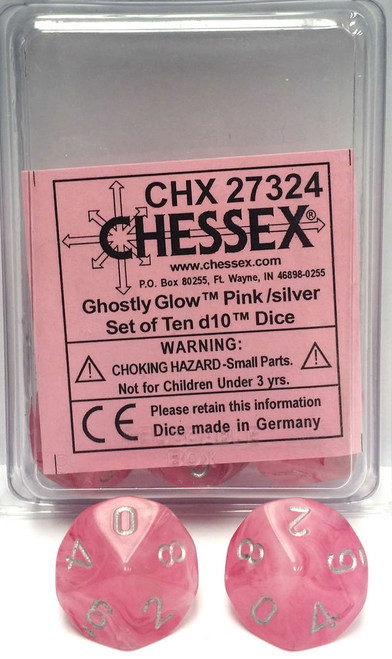 Dice and Gaming Accessories D10 Sets: Glow in the Dark - Ghostly Glow: D10 Pink/Silver (10)