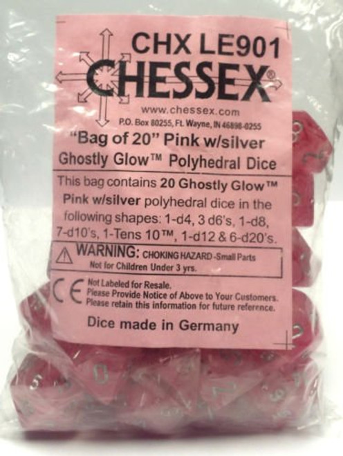 Dice and Gaming Accessories Bulk Dice: Ghostly Glow: Pink/Silver Bag of Dice (20)