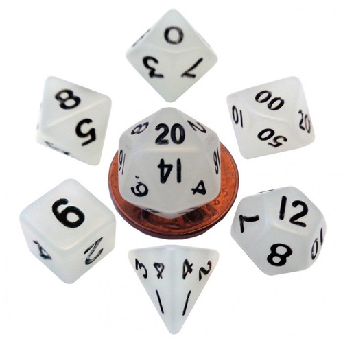 Dice and Gaming Accessories Polyhedral RPG Sets: White and Clear - 7-Set Mini: 10mm: Glow CL w/BK Numbers