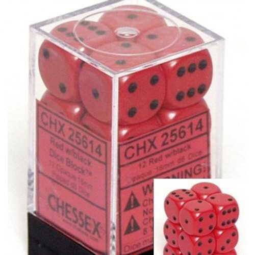 Dice and Gaming Accessories D6 Sets: Opaque: 16mm D6 Red/Black (12)