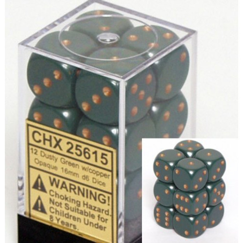 Dice and Gaming Accessories D6 Sets: Opaque: 16mm D6 Dusty Green/Copper (12)