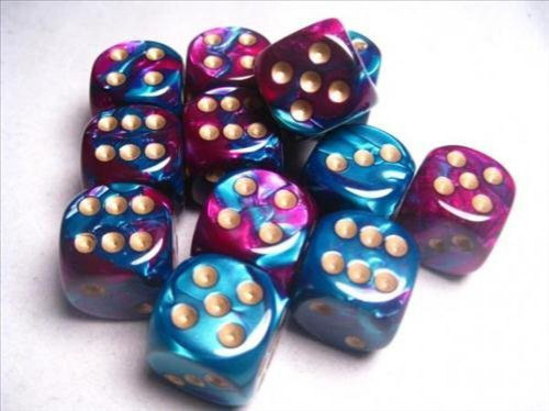 Dice and Gaming Accessories D6 Sets: Swirled - Gemini: 16mm D6 Purple Teal/Gold (12)