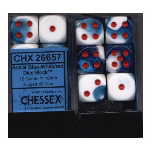 Dice and Gaming Accessories D6 Sets: Swirled - Gemini: 16mm D6 Astral Blue White/Red (12)