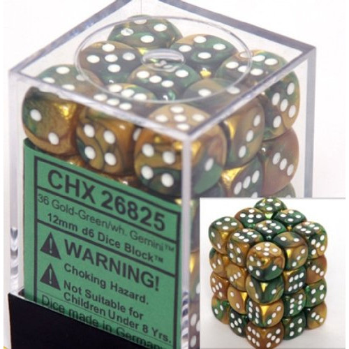 Dice and Gaming Accessories D6 Sets: Swirled - Gemini: 12mm D6 Gold Green/White (36)