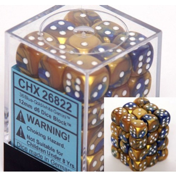 Dice and Gaming Accessories D6 Sets: Swirled - Gemini: 12mm D6 Blue Gold/White (36)