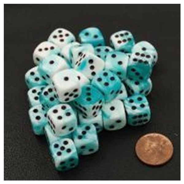 Dice and Gaming Accessories D6 Sets: Swirled - Gemini: 12mm D6 White Teal/Black (36)