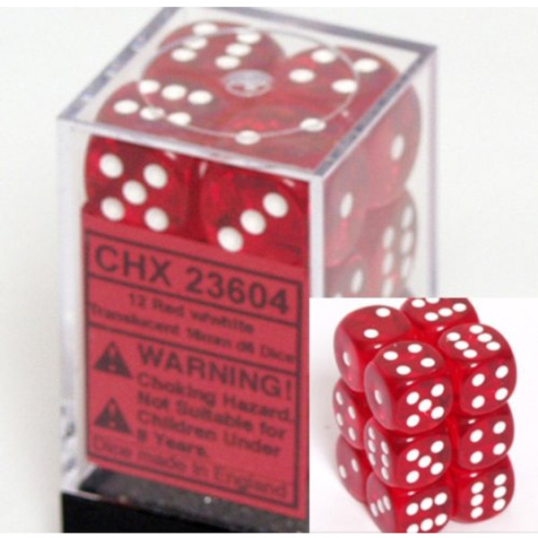 Dice and Gaming Accessories D6 Sets: Translucent: 16mm D6 Red/White (12)