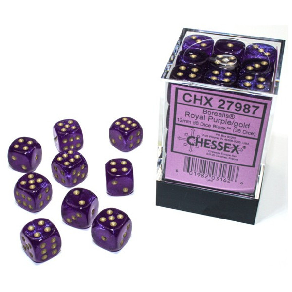 Dice and Gaming Accessories D6 Sets: Purple and Pink - Borealis: 12mm D6 Royal Purple/Gold Luminary(36)