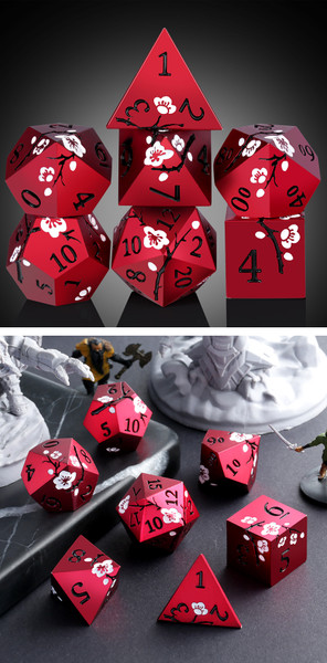 Dice and Gaming Accessories Polyhedral RPG Sets: Metal and Metallic - Red Sakura - Metal and Enamel (7)