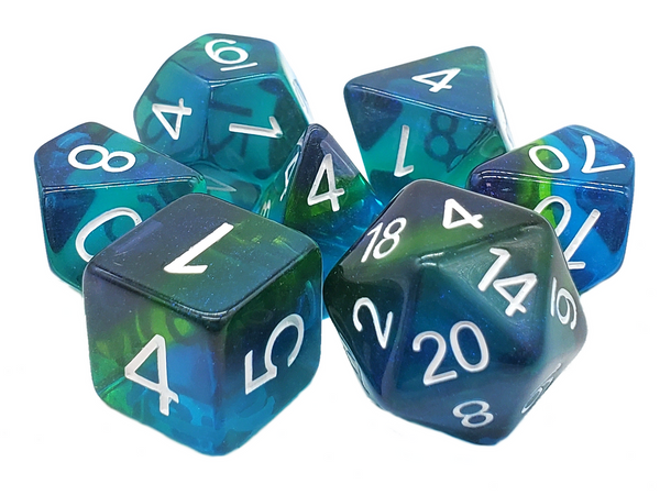 Dice and Gaming Accessories Polyhedral RPG Sets: Multicolored - Gradients - Ocean Bay w/ White (7) Dice and Gaming Accessories Polyhedral RPG Sets: Multicolored - Gradients - Ocean Bay w/ White (7)