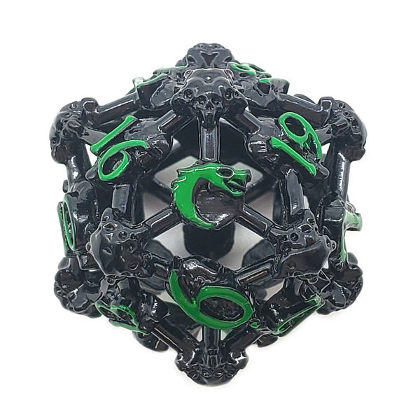 Dice and Gaming Accessories Other Gaming Accessories: Hollow Metal D20 Spindown - Skull - Black Nickel w/ Green