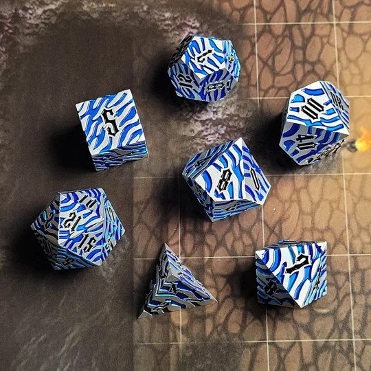 Dice and Gaming Accessories Polyhedral RPG Sets: Metal and Metallic - Tiger Stripe with Silver & Blue - Metal (7)