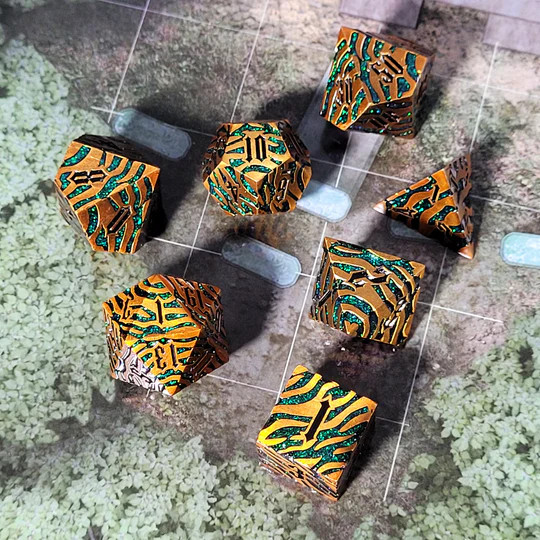 Dice and Gaming Accessories Polyhedral RPG Sets: Metal and Metallic - Tiger Stripe Bronze with Green Glitter - Metal (7)