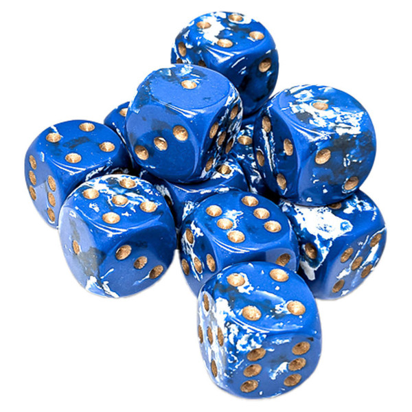 Dice and Gaming Accessories D6 Sets: Blue and Turquoise - Brush: 16mm D6 Wavebreak/Gold (12)