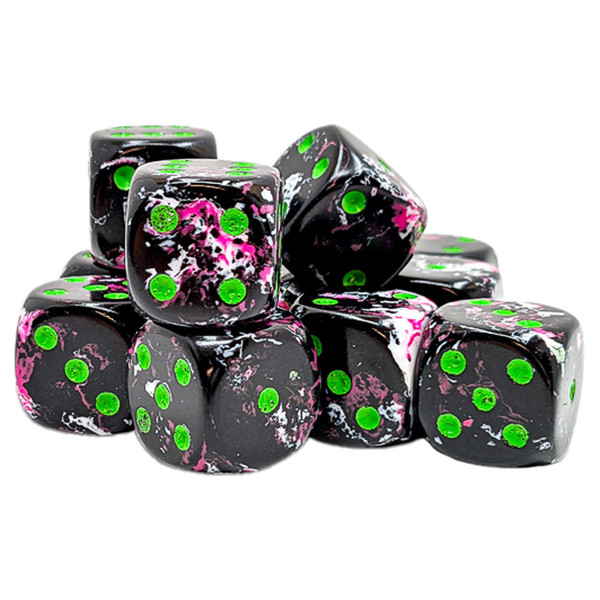Dice and Gaming Accessories D6 Sets: Black and Grey - Brush: 16mm D6 Paintball/Green (12)