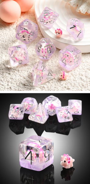 Dice and Gaming Accessories Polyhedral RPG Sets: Transparent/Translucent - Pink Triceratops - Resin (7) 