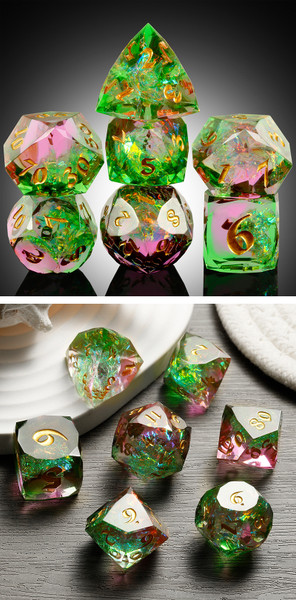 Dice and Gaming Accessories Polyhedral RPG Sets: Yellow and Green - Fae - Faceted Sharp Edge (7)