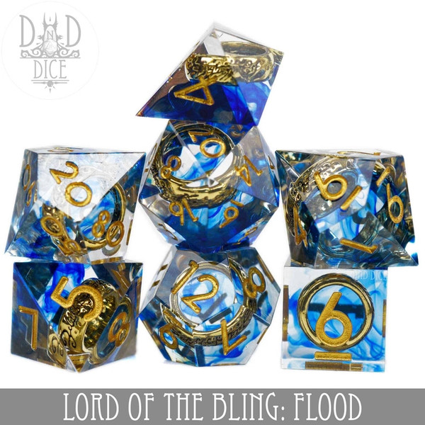 Dice and Gaming Accessories Polyhedral RPG Sets: Blue and Turquoise - Lord of the Bling: Flood - Sharp Edge Resin (7)