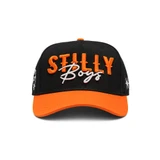 Stilly Boys The Orange Hat — black structured cap with orange pre-curved bill, embroidered orange STILLY block letters over white Boys script, barbed star embroidery on the sides.