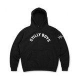 Stilly Boys Arched Logo Hoodie in black — heavyweight pullover hoodie with white arched STILLY BOYS print across the chest and white barbed star on the right sleeve.