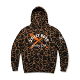 Stilly Boys Hunting Club hoodie in vintage duck camo with orange crossed paddle and shotgun chest print and barbed star sleeve print — Stillwater, Oklahoma wrestling lifestyle apparel