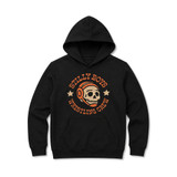 Stilly Boys youth Reaper hoodie in black with vintage cream and orange chest print of a skull in wrestling headgear circled by Stilly Boys Wrestling Crew lettering — Stillwater, Oklahoma youth wrestling apparel