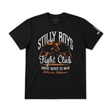 Stilly Boys Fight Club t-shirt in black with distressed white and orange chest print of crossed boxing gloves, More Ways to Win text, and Stillwater, Oklahoma script — wrestling and combat sports apparel